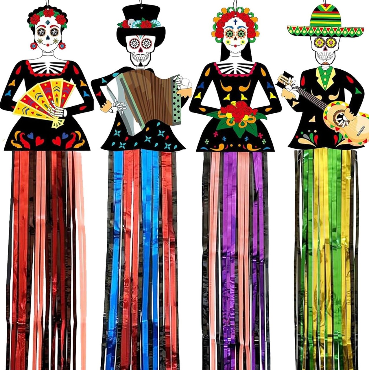 4pcs Dia De Los Muertos Sugar Skull Hanging Decoration( Multicolor)10.2 x 6.93 x 0.71 inches